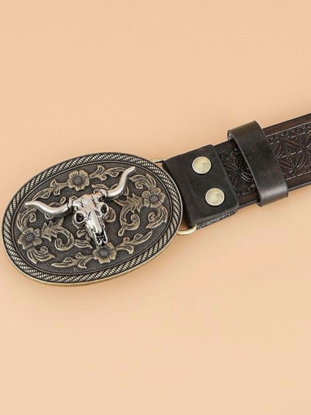 Women's Brown Embossed Faux Leather Western Belt with Decorative Buckle